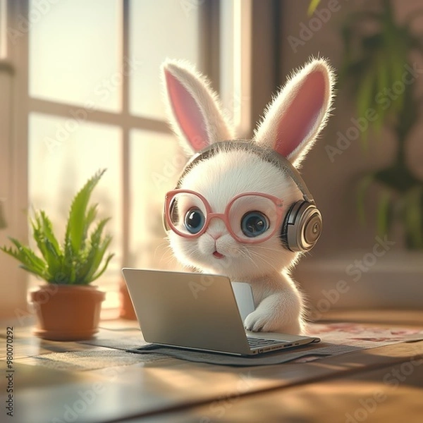 Fototapeta 3D bunny guy with spectacles working in an office