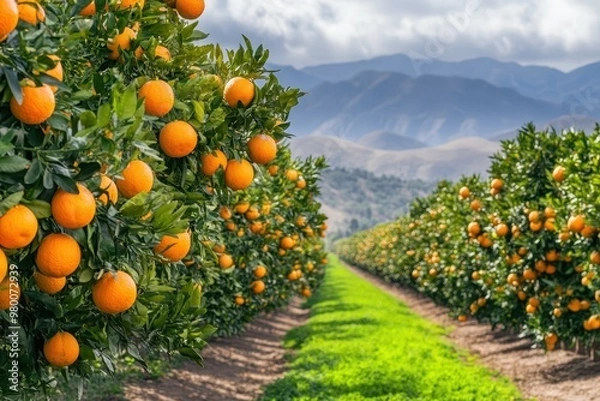 Fototapeta Landscape of tree rows in a California orange grove