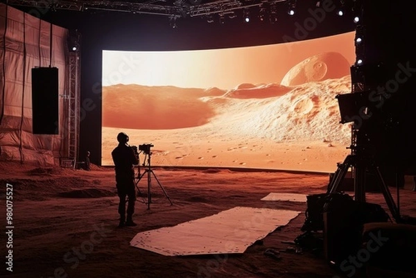 Fototapeta Offstage image of a virtual production set featuring large LED displays cinematographer filming a Mars scene Future of filmmaking