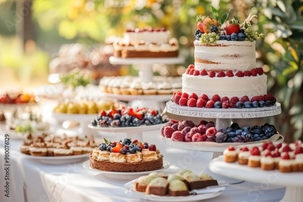 Fototapeta Outdoor wedding dessert display featuring beautifully decorated homemade cakes and sweets made from fresh ingredients set against a blurred backdrop with ample space for text