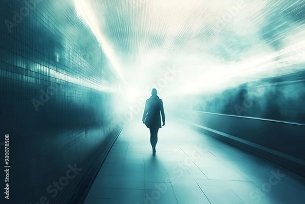 Fototapeta Silhouette of person walking into bright light at end of hallway with fog or smoke. Concept of hope, future, success, and dreams.