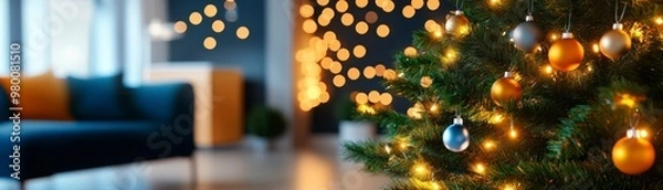 Fototapeta Festive Christmas tree sparkling with ornaments in a warm, cozy setting.