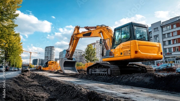 Fototapeta An excavator working on a construction site in an urban environment, with city buildings and trees in the background.