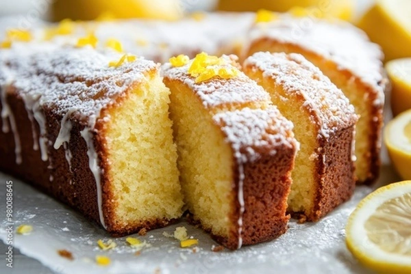 Fototapeta Traditional lemon pound cake drizzled with powdered sugar sliced on parchment and garnished with lemon zest