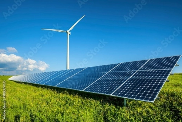 Fototapeta serene solar farm and towering wind turbine stand in lush green fields against a pristine blue sky, for clean energy, sustainable future, eco-friendly and renewable energy concept, ai