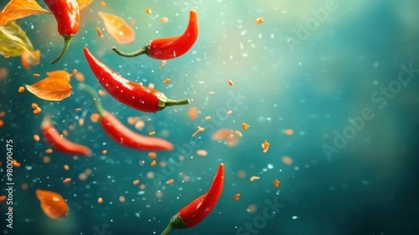Fototapeta Vibrant Red Chilies in Mid-Air