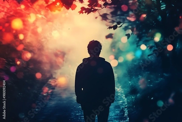 Fototapeta Silhouette of a man standing in colorful bokeh forest, mystery, fantasy, hope