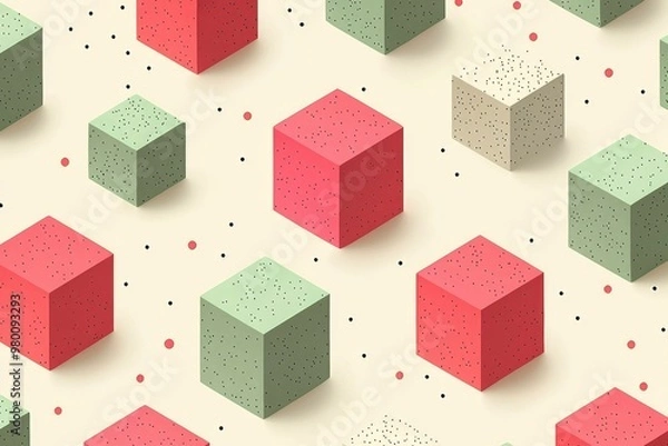 Fototapeta Abstract Geometric Pattern with Red, Green, and Beige Cubes and Scattered Dots