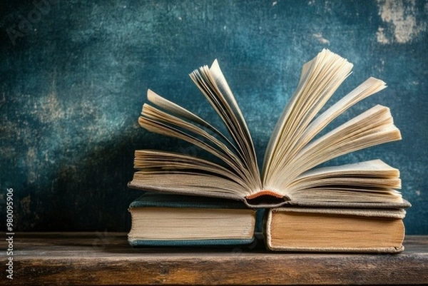 Fototapeta book with open pages, close up, books on the shelf in school, open book on wooden table. back to school concept, ai