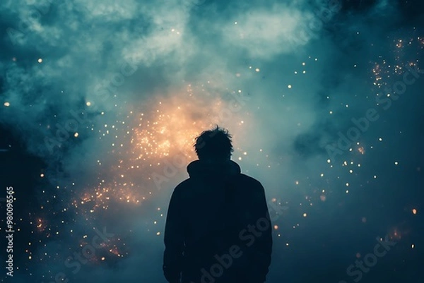 Fototapeta Silhouette of man standing in front of a blue sky filled with light bokeh. Abstract concept of dreams, hope, and future