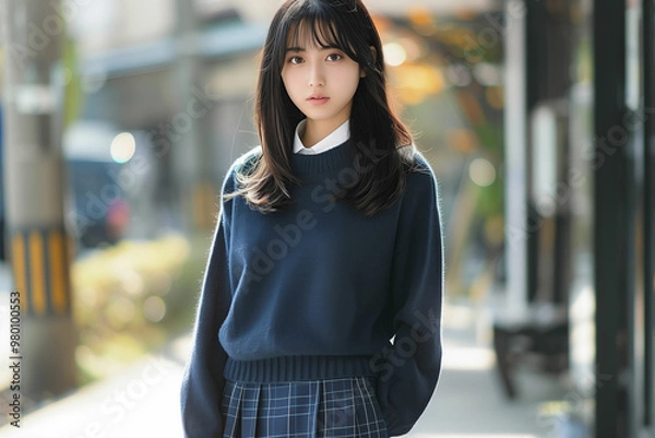 Obraz 制服とネイビーセーターが映える女子高生