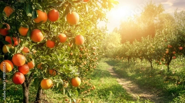 Fototapeta Beautiful fruit trees in a lush orchard, filled with ripe oranges, apples, and pears, set in a peaceful, sunlit natural environment