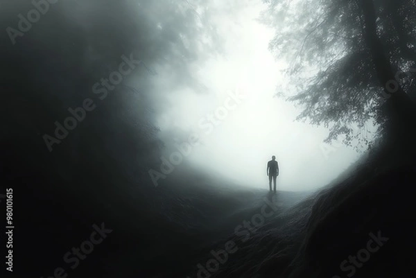 Fototapeta Mysterious Silhouette in Foggy Forest Path, Moody, Atmospheric Photo