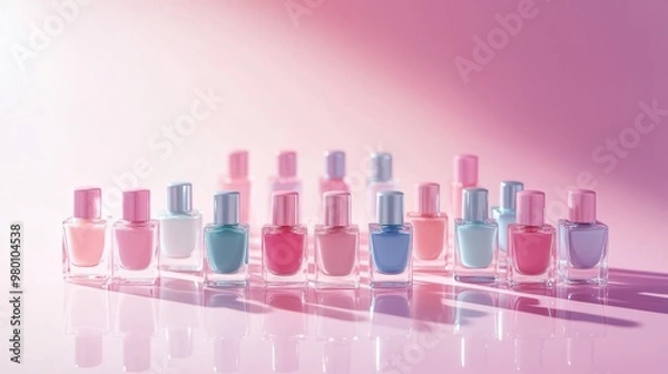Fototapeta Colorful Nail polish pattern background,Bottles of nail polish, each containing liquid cosmetics,Set colors nail polish isolated on color background,beauty,fashion concept,space for text.