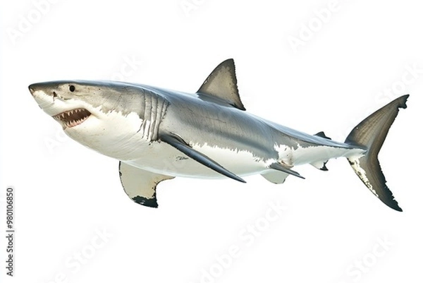 Obraz great white shark - Carcharodon carcharias - full view while swimming, face and teeth visible isolated on white background all fins and gills showing, ai