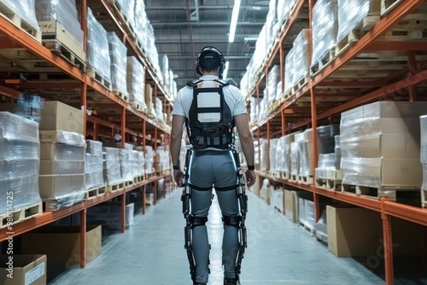 Obraz Warehouse Worker with Exoskeleton Suit