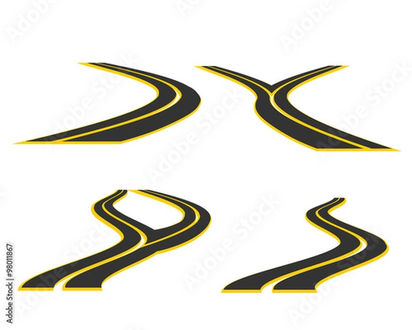 Fototapeta Road  sign / icon vector illustration. Road or highway symbol set.4 Paved roads shapes with hairpin curve disappearing into the distance. Clip art / design elements for transportation design, travel.