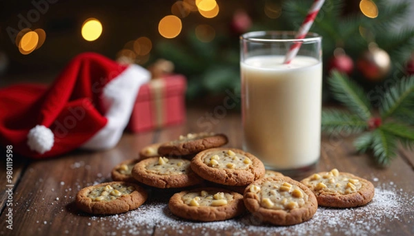 Fototapeta Christmas Cookies and Milk: A glass of milk and cookies arranged on a wooden surface, accompanied by Christmas decorations. The image includes a Santa hat, gift box, and pine branches.