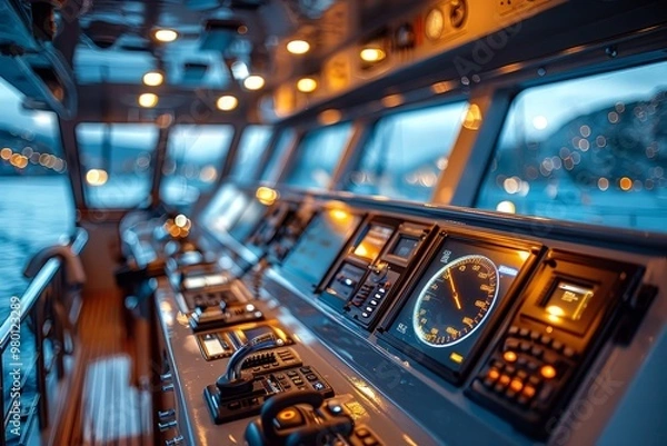 Fototapeta Exploring the captain s bridge  essential boat control, steering, and modern electronics insights
