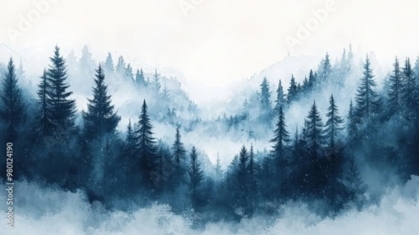 Fototapeta Misty Spruce Forest with Tall Trees Disappearing into Fog