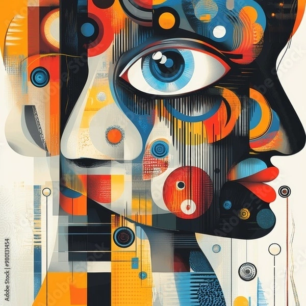 Fototapeta Abstract Geometric Portrait with Eye  Modern Art  Colorful  Shapes   Graphic Design