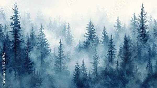 Fototapeta Misty Spruce Forest with Tall Trees Disappearing into Fog