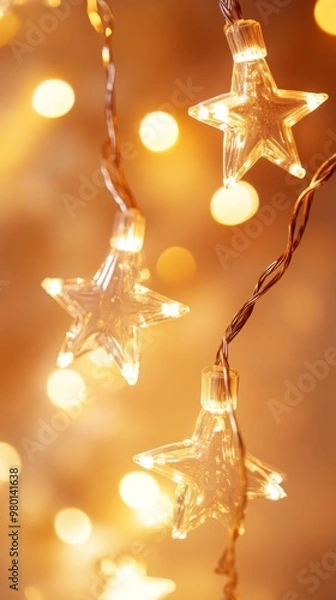 Fototapeta Glowing star-shaped string lights with soft golden bokeh background. Festive Christmas decor.