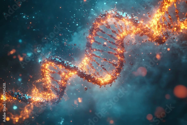 Obraz abstract DNA molecule breaking apart into smaller glowing particles, symbolizing the breakdown