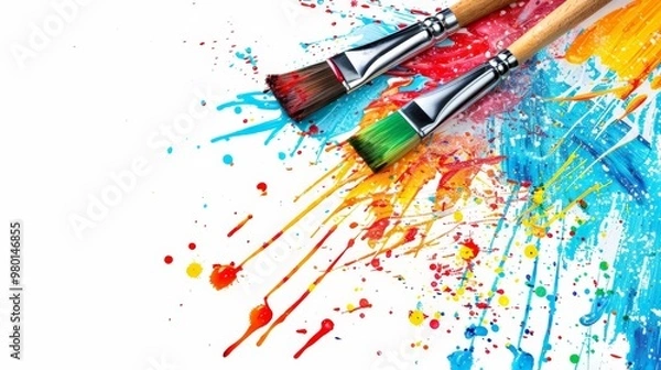 Fototapeta Artistic paintbrushes with colorful paint splatters on a white background