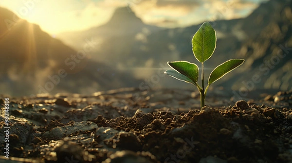 Fototapeta Young Plant Growing in Sunlit Soil with Mountain Landscape in the Background