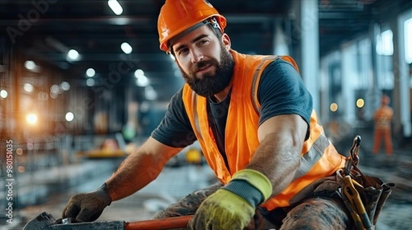 Fototapeta A skilled construction worker in safety gear, focused on his task at a busy construction site, showcasing dedication and professionalism.