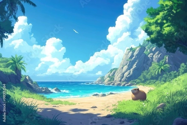 Fototapeta Tranquil beach scene with blue sky and rolling waves. AI