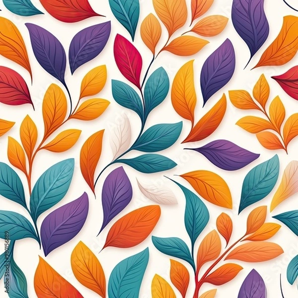 Fototapeta A vibrant pattern of colorful leaves showcasing a mix of orange, blue, purple, and green, perfect for nature-inspired designs.