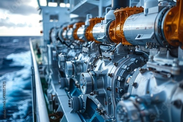 Fototapeta Close up of a marine diesel engine  ship equipment and river vessel construction insights
