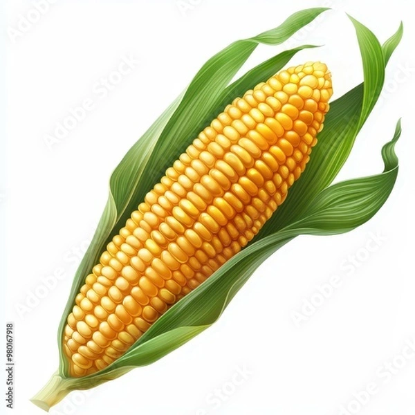 Fototapeta An ear of corn with golden yellow kernels and green leaves, isolated on a white background, illustrating its freshness and agricultural value.