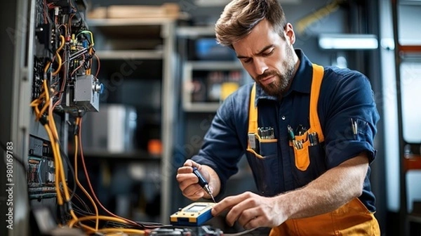 Fototapeta Skilled electrician working with tools, analyzing wiring in a technical environment for electrical maintenance.