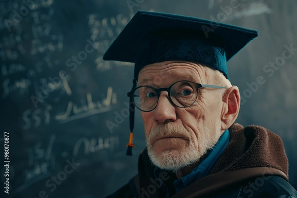 Obraz Old man wearing a graduation gown symbolizing perseverance and success in classroom with blackboard on background.