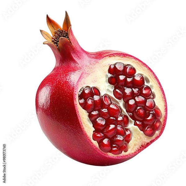 Fototapeta A vibrant pomegranate cut in half, showcasing its juicy red seeds and unique structure, perfect for culinary and health illustrations.