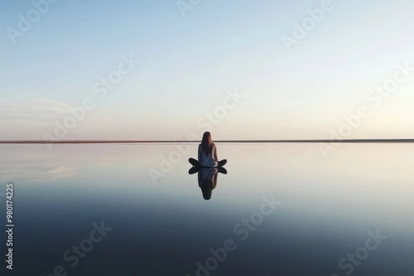 Fototapeta A serene moment of a person on a calm water surface reflecting the vast sky, evoking feelings of tranquility and introspection.