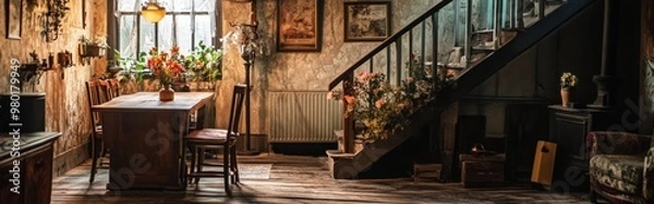 Fototapeta Cozy interior with a dining table, plants, and a staircase, evoking warmth and nostalgia.