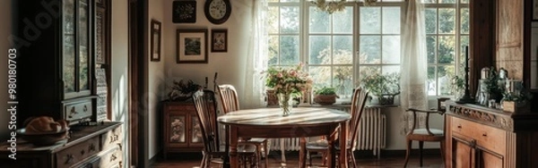 Obraz Cozy dining area with wooden furniture, plants, and warm sunlight streaming through windows.