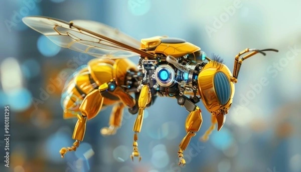 Fototapeta Golden robotic bee with intricate details and futuristic design