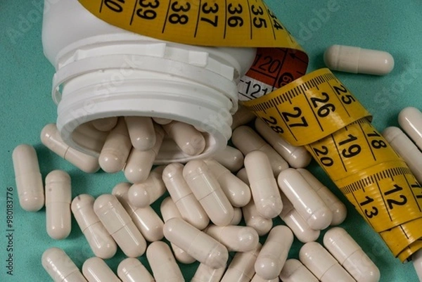 Obraz bottle of pills, some of which spilled onto a light blue surface