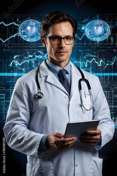 Fototapeta Doctor Analyzing X-Ray on Digital Screen in a Modern Healthcare Setting