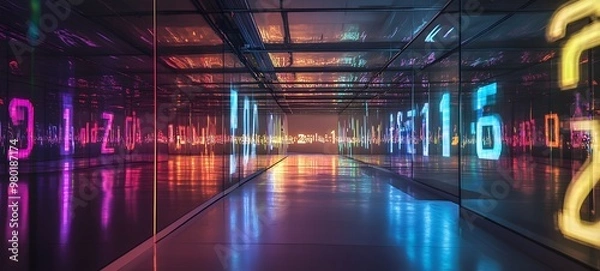 Fototapeta 7. "An illuminated grid of numbers with reflective surfaces that shimmer and change colors as light interacts