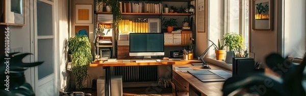 Fototapeta A cozy home office with plants, a desk, and a computer, promoting productivity and comfort.