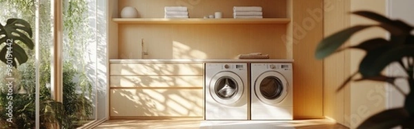 Fototapeta Modern laundry room with washer and dryer, minimalistic design, and natural light.
