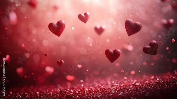 Fototapeta Romantic Red Hearts Floating on a Deep Red Valentine's Day Background