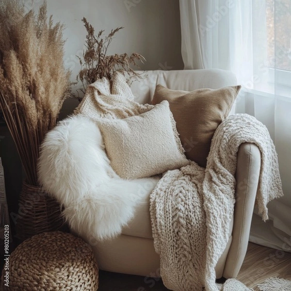 Fototapeta A contemporary living room interior featuring a comfortable sofa, stylish coffee table, and elegant decor elements, creating a cozy and inviting space