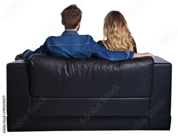 Fototapeta Close Up Back View To a Couple sitting on a Black couch PNG isolated on white and transparent background - couple Relaxing on a Cozy Sofa Casual home interior Decor